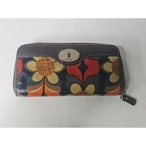 FOSSIL Key•Per Zip Around Wallet Clutch Fall Flowers Coated Canvas 8"x4"
